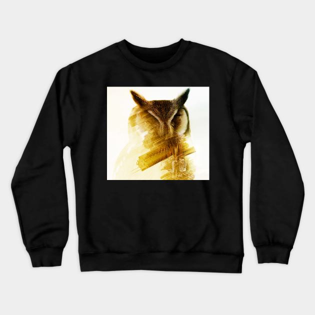 Owl Double Exposure photo manipulation city fantasy art Crewneck Sweatshirt by Glass Table Designs